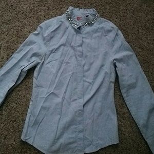 Jewel neck light chambray shirt